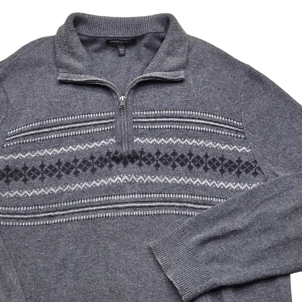 Banana Republic Men's XXL Gray Fair Isle Quarter Zip Cotton Wool Blend Sweater